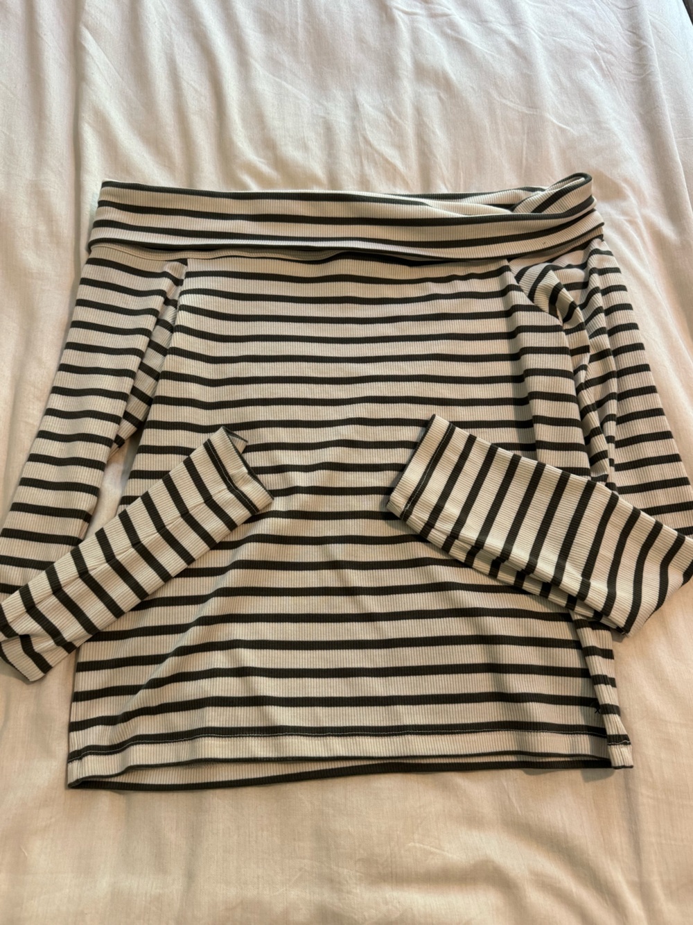 American Eagle Green and White Striped Off the Shoulder Long Sleeve
